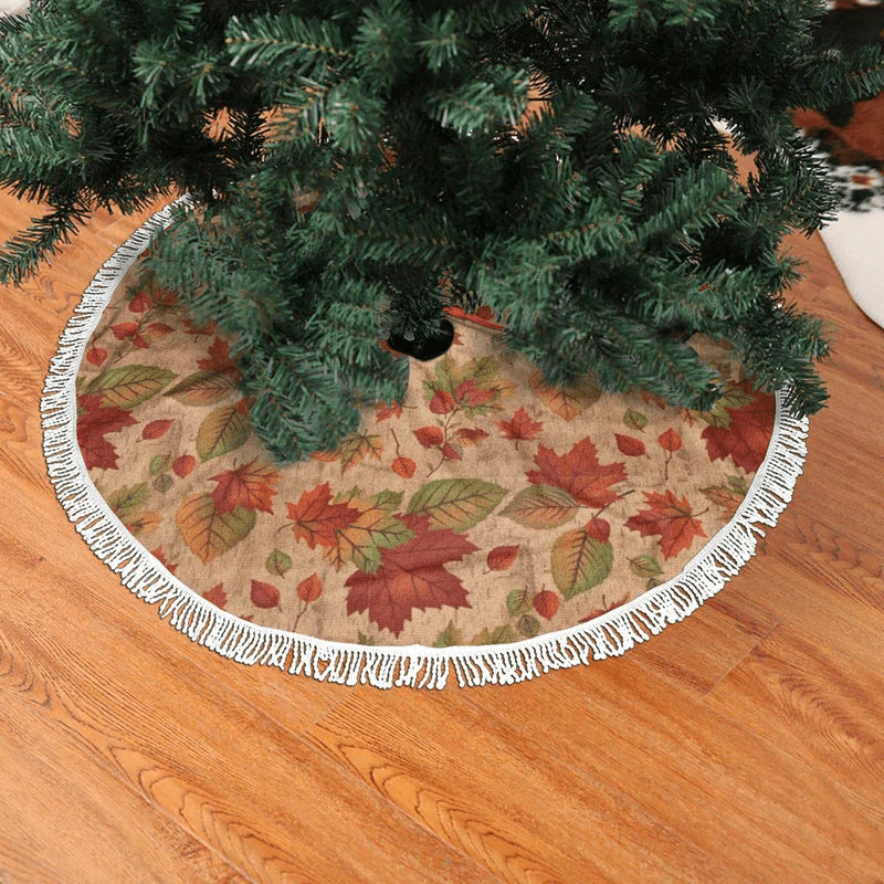 ZJBLHEQ 48 Inch Christmas Tree Skirt Autumn Leaves of Maple Xmas Tree Mat with Fringed Lace Ornament Holiday Christmas Decoration Home & Garden > Decor > Seasonal & Holiday Decorations > Christmas Tree Skirts ZJBLHEQ   