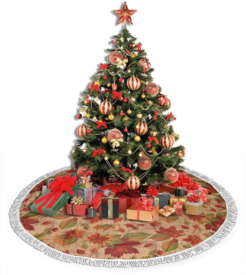 ZJBLHEQ 48 Inch Christmas Tree Skirt Autumn Leaves of Maple Xmas Tree Mat with Fringed Lace Ornament Holiday Christmas Decoration Home & Garden > Decor > Seasonal & Holiday Decorations > Christmas Tree Skirts ZJBLHEQ   