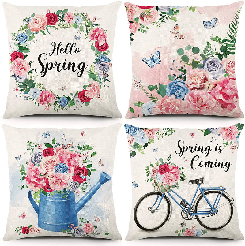 ZJHAI 4Pcs Spring Pillow Covers 18X18 Inches Farmhouse Pillow Covers Spring Decorations Flower Farmhouse Throw Pillowcase Linen Cushion Case for Home Decor Home & Garden > Decor > Chair & Sofa Cushions ZJHAI   