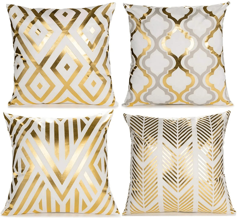 ZLINA Home Decorative Set of 4 Throw Pillow Covers Gold Foil Pillow Covers 18 ×18 Inch Geometric Square Cushion Covers Decor Couch Sofa Bedroom（White and Gold ）