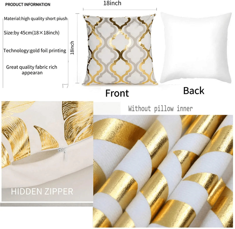 ZLINA Home Decorative Set of 4 Throw Pillow Covers Gold Foil Pillow Covers 18 ×18 Inch Geometric Square Cushion Covers Decor Couch Sofa Bedroom（White and Gold ） Home & Garden > Decor > Chair & Sofa Cushions ZLINA   