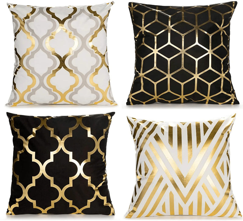 ZLINA Home Decorative Set of 4 Throw Pillow Covers Gold Foil Pillow Covers 18 ×18 Inch Geometric Square Cushion Covers Decor Couch Sofa Bedroom（White and Gold ）
