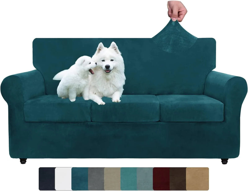 ZNSAYOTX Luxury Velvet Couch Cover 4 Piece Stretch Sofa Covers for 3 Cushion Couch Thick Soft Spandex Sofa Slipcover Living Room anti Slip Dogs Pet Furnitre Protector (Grey, Sofa) Home & Garden > Decor > Chair & Sofa Cushions ZNSAYOTX Deep Teal/Blackish Green 71"-91"(3 CUSHIONS) 