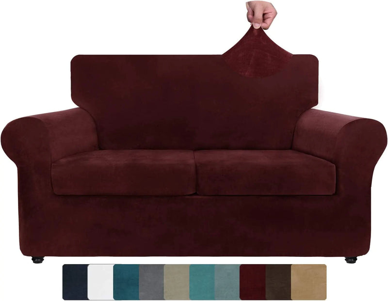 ZNSAYOTX Luxury Velvet Couch Cover 4 Piece Stretch Sofa Covers for 3 Cushion Couch Thick Soft Spandex Sofa Slipcover Living Room anti Slip Dogs Pet Furnitre Protector (Grey, Sofa) Home & Garden > Decor > Chair & Sofa Cushions ZNSAYOTX Wine Red 55"-69"(2 CUSHIONS) 