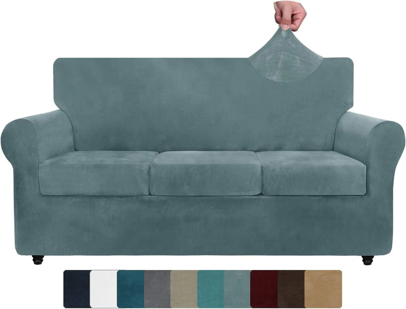 ZNSAYOTX Luxury Velvet Couch Cover 4 Piece Stretch Sofa Covers for 3 Cushion Couch Thick Soft Spandex Sofa Slipcover Living Room anti Slip Dogs Pet Furnitre Protector (Grey, Sofa) Home & Garden > Decor > Chair & Sofa Cushions ZNSAYOTX Stone Blue 71"-91"(3 CUSHIONS) 