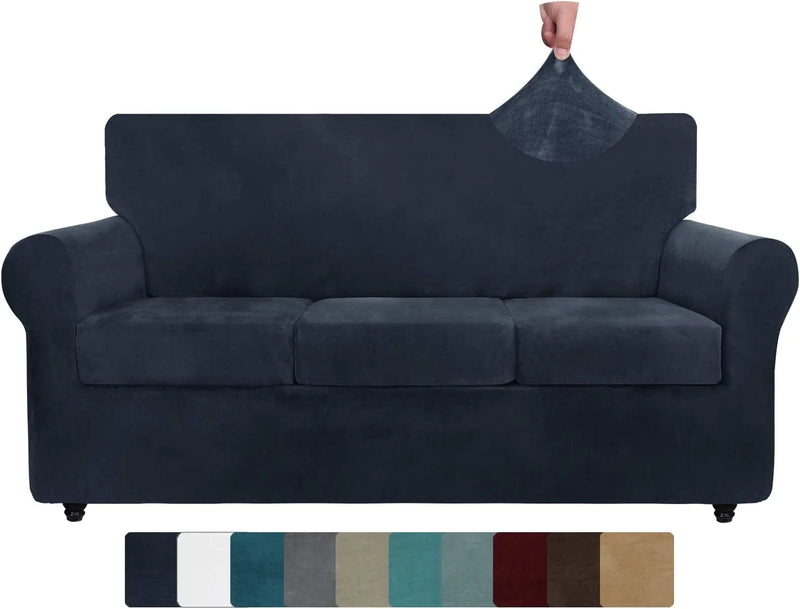 ZNSAYOTX Luxury Velvet Couch Cover 4 Piece Stretch Sofa Covers for 3 Cushion Couch Thick Soft Spandex Sofa Slipcover Living Room anti Slip Dogs Pet Furnitre Protector (Grey, Sofa) Home & Garden > Decor > Chair & Sofa Cushions ZNSAYOTX Navy Blue 71"-91"(3 CUSHIONS) 