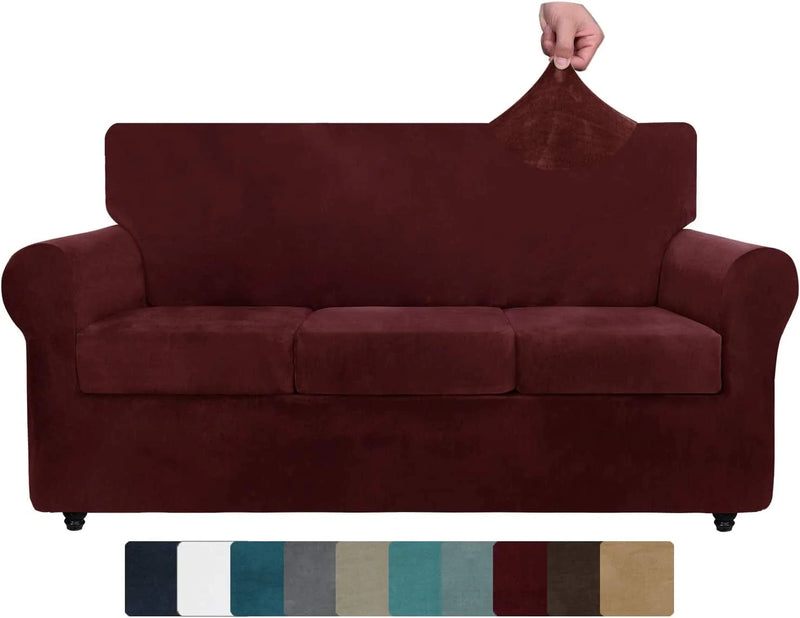 ZNSAYOTX Luxury Velvet Couch Cover 4 Piece Stretch Sofa Covers for 3 Cushion Couch Thick Soft Spandex Sofa Slipcover Living Room anti Slip Dogs Pet Furnitre Protector (Grey, Sofa) Home & Garden > Decor > Chair & Sofa Cushions ZNSAYOTX Wine Red 71"-91"(3 CUSHIONS) 