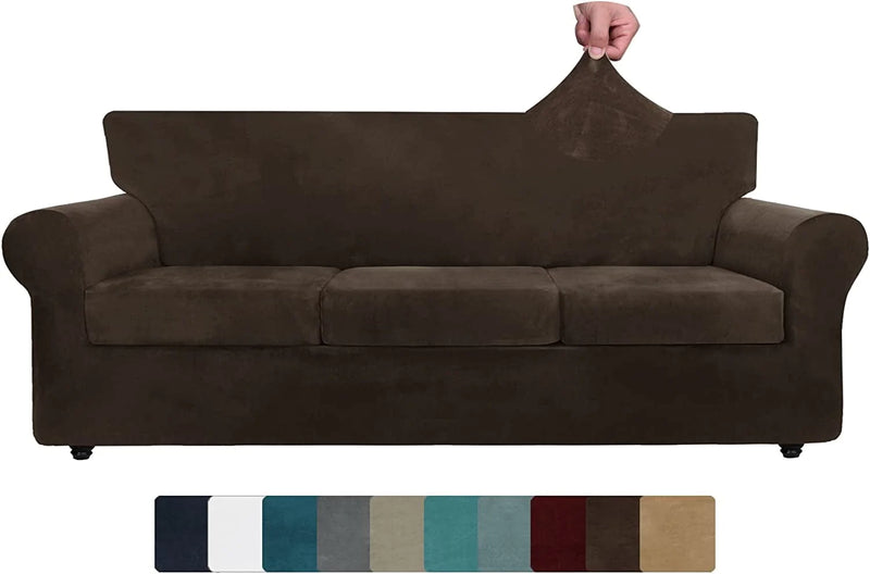 ZNSAYOTX Luxury Velvet Couch Cover 4 Piece Stretch Sofa Covers for 3 Cushion Couch Thick Soft Spandex Sofa Slipcover Living Room anti Slip Dogs Pet Furnitre Protector (Grey, Sofa) Home & Garden > Decor > Chair & Sofa Cushions ZNSAYOTX Dark Coffee 91"-110"(3 CUSHIONS) 