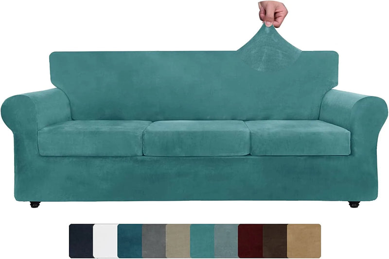 ZNSAYOTX Luxury Velvet Couch Cover 4 Piece Stretch Sofa Covers for 3 Cushion Couch Thick Soft Spandex Sofa Slipcover Living Room anti Slip Dogs Pet Furnitre Protector (Grey, Sofa) Home & Garden > Decor > Chair & Sofa Cushions ZNSAYOTX Peacock Blue 91"-110"(3 CUSHIONS) 