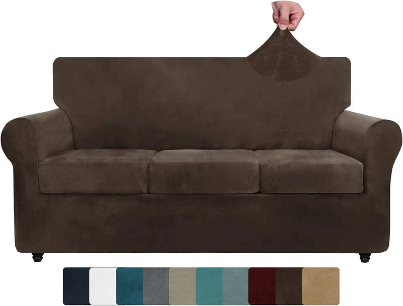 ZNSAYOTX Luxury Velvet Couch Cover 4 Piece Stretch Sofa Covers for 3 Cushion Couch Thick Soft Spandex Sofa Slipcover Living Room anti Slip Dogs Pet Furnitre Protector (Grey, Sofa) Home & Garden > Decor > Chair & Sofa Cushions ZNSAYOTX Dark Coffee 71"-91"(3 CUSHIONS) 