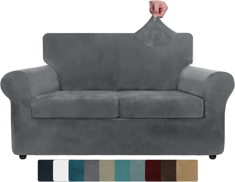 ZNSAYOTX Luxury Velvet Couch Cover 4 Piece Stretch Sofa Covers for 3 Cushion Couch Thick Soft Spandex Sofa Slipcover Living Room anti Slip Dogs Pet Furnitre Protector (Grey, Sofa) Home & Garden > Decor > Chair & Sofa Cushions ZNSAYOTX Grey 55"-69"(2 CUSHIONS) 