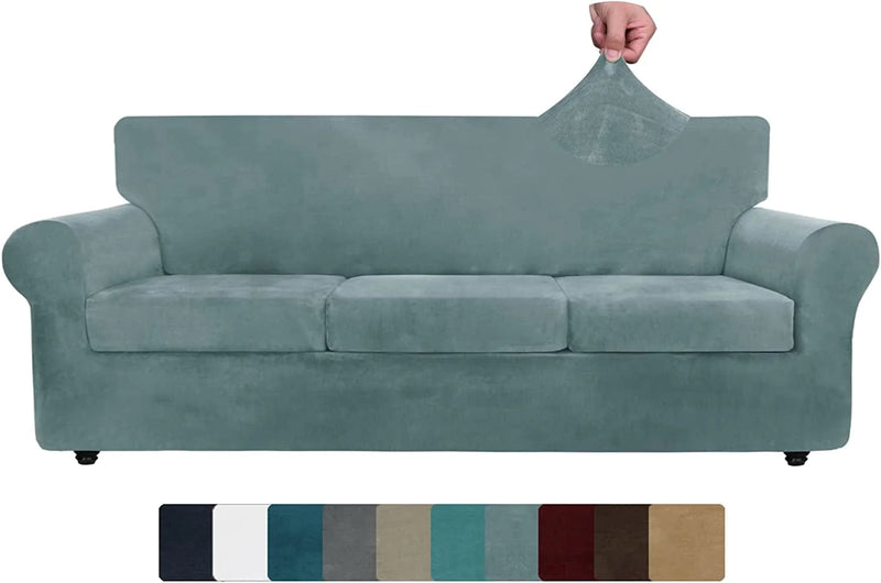 ZNSAYOTX Luxury Velvet Couch Cover 4 Piece Stretch Sofa Covers for 3 Cushion Couch Thick Soft Spandex Sofa Slipcover Living Room anti Slip Dogs Pet Furnitre Protector (Grey, Sofa) Home & Garden > Decor > Chair & Sofa Cushions ZNSAYOTX Stone Blue 91"-110"(3 CUSHIONS) 