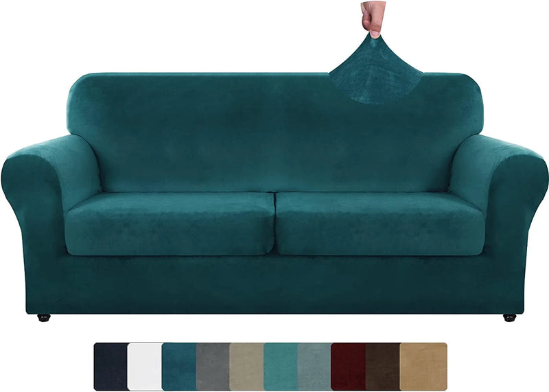 ZNSAYOTX Luxury Velvet Couch Cover 4 Piece Stretch Sofa Covers for 3 Cushion Couch Thick Soft Spandex Sofa Slipcover Living Room anti Slip Dogs Pet Furnitre Protector (Grey, Sofa) Home & Garden > Decor > Chair & Sofa Cushions ZNSAYOTX Deep Teal/Blackish Green 71"-91"(2 CUSHIONS) 