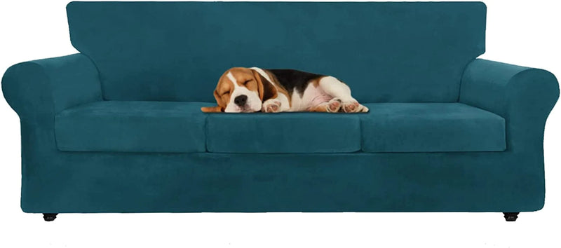 ZNSAYOTX Luxury Velvet Couch Cover 4 Piece Stretch Sofa Covers for 3 Cushion Couch Thick Soft Spandex Sofa Slipcover Living Room anti Slip Dogs Pet Furnitre Protector (Grey, Sofa) Home & Garden > Decor > Chair & Sofa Cushions ZNSAYOTX Deep Teal/Blackish Green 91"-110"(3 CUSHIONS) 