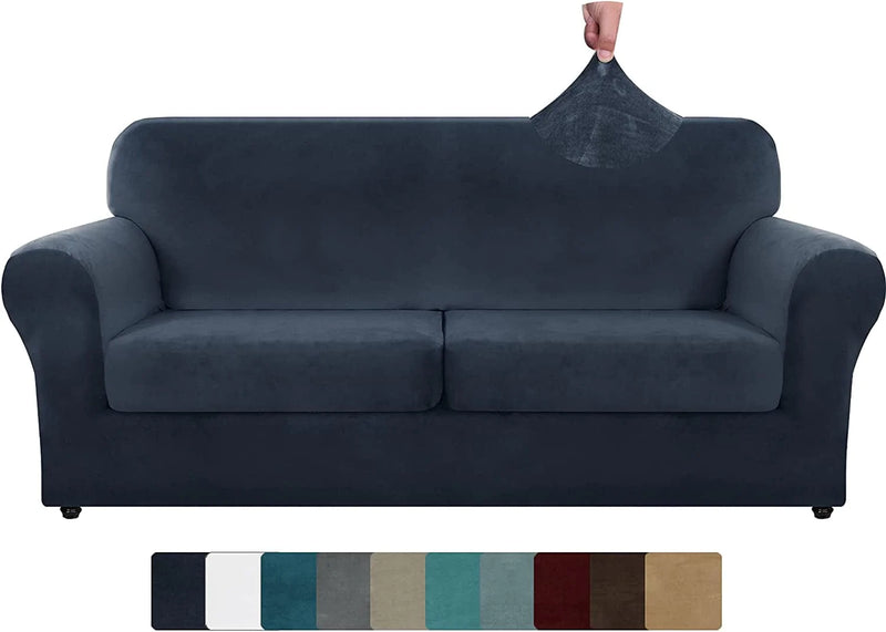 ZNSAYOTX Luxury Velvet Couch Cover 4 Piece Stretch Sofa Covers for 3 Cushion Couch Thick Soft Spandex Sofa Slipcover Living Room anti Slip Dogs Pet Furnitre Protector (Grey, Sofa) Home & Garden > Decor > Chair & Sofa Cushions ZNSAYOTX Navy Blue 71"-91"(2 CUSHIONS) 