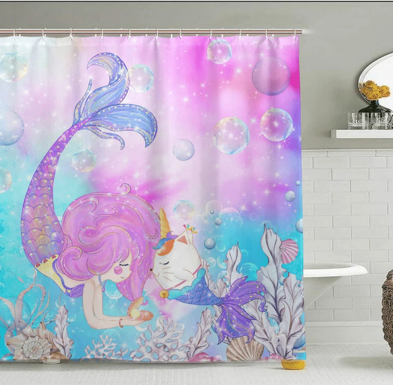 ZOEO Girls Mermaid Shower Curtain Unicorn Cat Fish Fabric Waterproof Large Window Bathroom Tub Curtains Sets Mermaid Home Decor 12 Hooks 72x72 inch Home & Garden > Decor > Seasonal & Holiday Decorations ZOEO 72x72 inch  