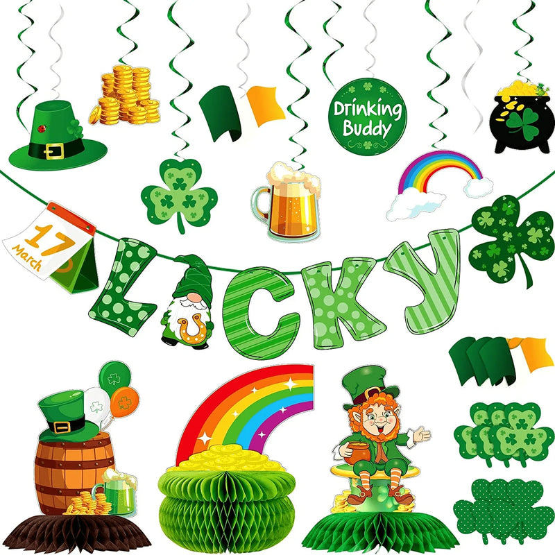 Zonon 19 Pieces St. Patrick'S Day Banner St. Patrick'S Day Honeycomb Centerpiece St. Patrick' Day Hanging Decorations Shamrock Cutouts Cards St. Patrick'S Day Baby Shower Decorations Procession