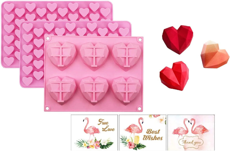Zoomplus Diamond Heart Silicone Molds for Chocolate, Candy and French Dessert with 2 Mini Heart Shape Molds and 3 Greeting Cards, 3 Sets Non-Stick Easy Release Mousse Cake Decoration Molds for Baking Home & Garden > Kitchen & Dining > Cookware & Bakeware ZoomPlus Pink 8.7x6.7 