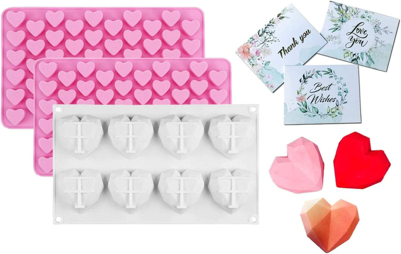 Zoomplus Diamond Heart Silicone Molds for Chocolate, Candy and French Dessert with 2 Mini Heart Shape Molds and 3 Greeting Cards, 3 Sets Non-Stick Easy Release Mousse Cake Decoration Molds for Baking Home & Garden > Kitchen & Dining > Cookware & Bakeware ZoomPlus White 11.6x6.7 