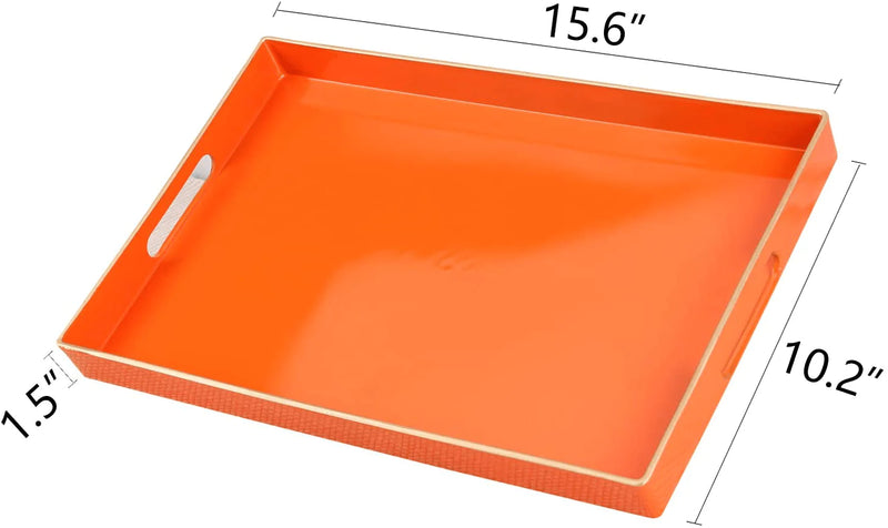 Zosenley Decorative Tray, Rectangular Plastic Tray with Handles, Modern Vanity Tray and Serving Tray for Bathroom, Kitchen, Ottoman and Coffee Table, 15.6” x 10.2”, Orange