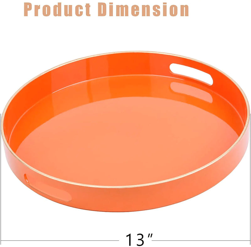 Zosenley Decorative Tray, Round Plastic Tray with Handles, Modern Vanity Tray and Serving Tray for Ottoman, Coffee Table, Kitchen and Bathroom, Size 13” (Orange)