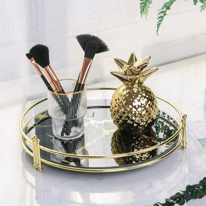 Zosenley Makeup Organizer Tray, Decorative Glass Vanity Tray, Round Cosmetic Storage for Jewelry, Makeup, Perfume, Decor and More, Size 11.5”, Black Marbling Home & Garden > Decor > Decorative Trays Zosenley   