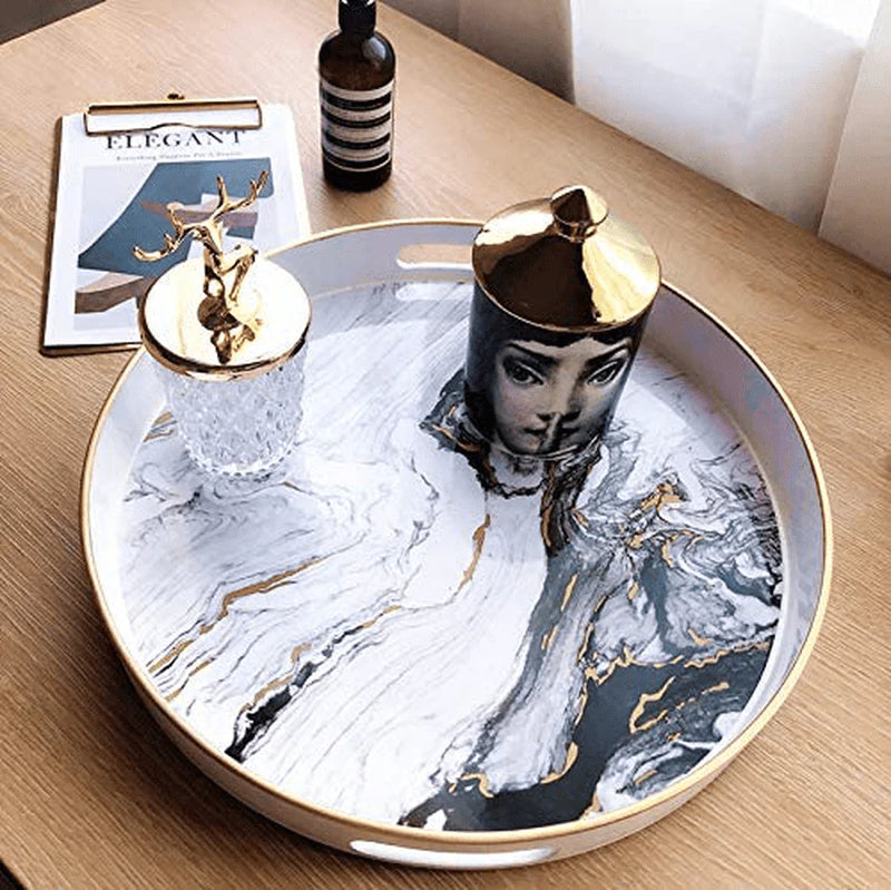 Zosenley Round Decorative Tray, Marbling Plastic Tray with Handles, Modern Vanity Tray and Serving Tray for Ottoman, Coffee Table, Kitchen and Bathroom, Size 13", White Home & Garden > Decor > Decorative Trays Zosenley   