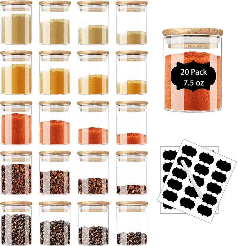 ZRRHOO 20 Pack Glass Jars with Bamboo Lids, 7.5Oz Airtight Spice Jars Set with Extra Labels and Pen, for Dry Food Canisters, Spice, Coffee, Beans, Candy, Nuts, Herbs Home & Garden > Decor > Decorative Jars ZRRHOO 20 pcs  