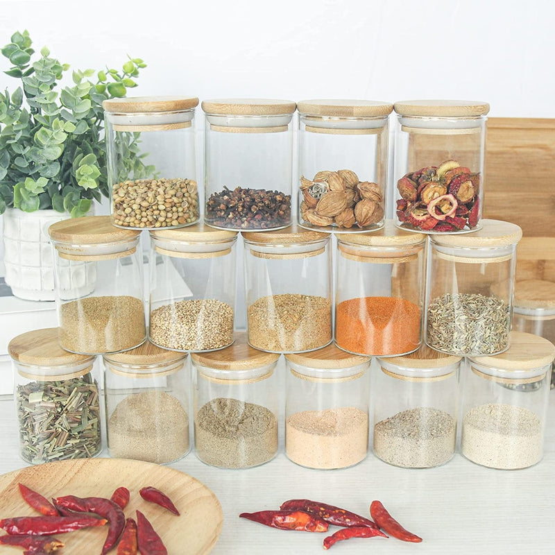 ZRRHOO 20 Pack Glass Jars with Bamboo Lids, 7.5Oz Airtight Spice Jars Set with Extra Labels and Pen, for Dry Food Canisters, Spice, Coffee, Beans, Candy, Nuts, Herbs Home & Garden > Decor > Decorative Jars ZRRHOO   