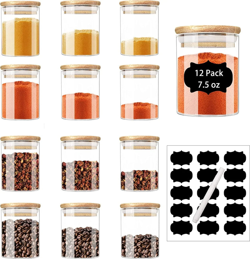 ZRRHOO 20 Pack Glass Jars with Bamboo Lids, 7.5Oz Airtight Spice Jars Set with Extra Labels and Pen, for Dry Food Canisters, Spice, Coffee, Beans, Candy, Nuts, Herbs Home & Garden > Decor > Decorative Jars ZRRHOO 12 pcs  