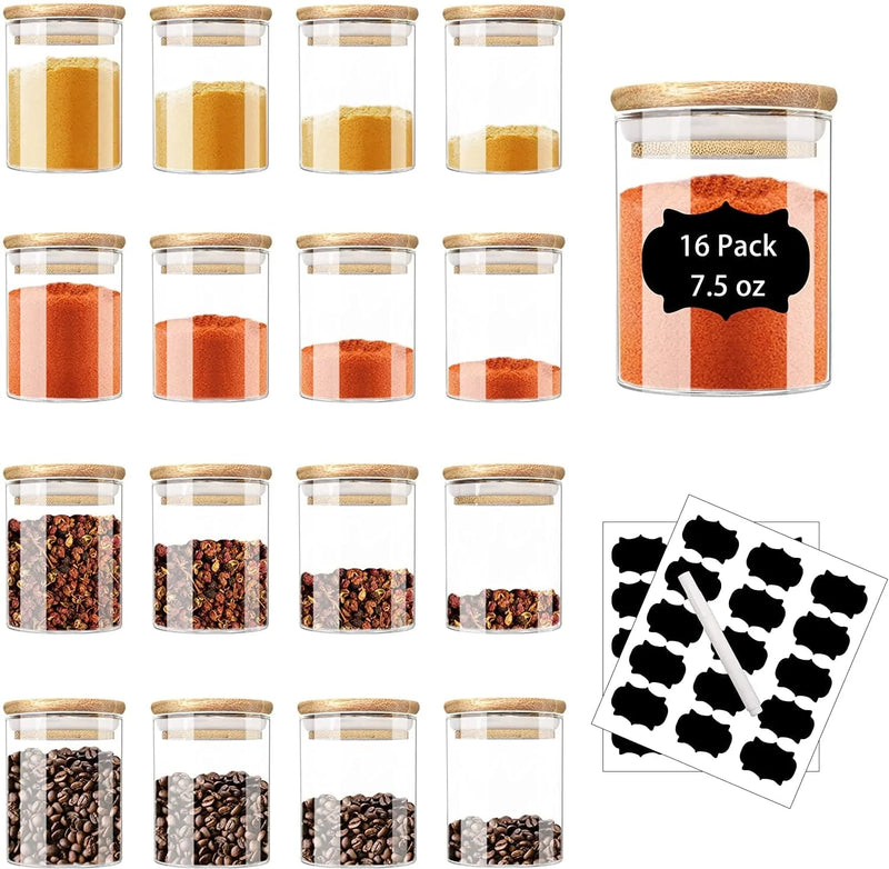 ZRRHOO 20 Pack Glass Jars with Bamboo Lids, 7.5Oz Airtight Spice Jars Set with Extra Labels and Pen, for Dry Food Canisters, Spice, Coffee, Beans, Candy, Nuts, Herbs Home & Garden > Decor > Decorative Jars ZRRHOO 16 pcs  