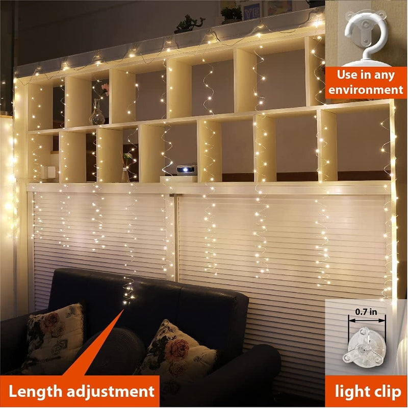 ZSJWL Curtain Lights, 300 LED Curtain Fairy Lights with Remote, 8 Modes 9.8 × 9.8 Ft Curtain String Lights, USB Plug In, Copper Wire Lights for Bedroom Window Chrismas Wedding Party, Warm White