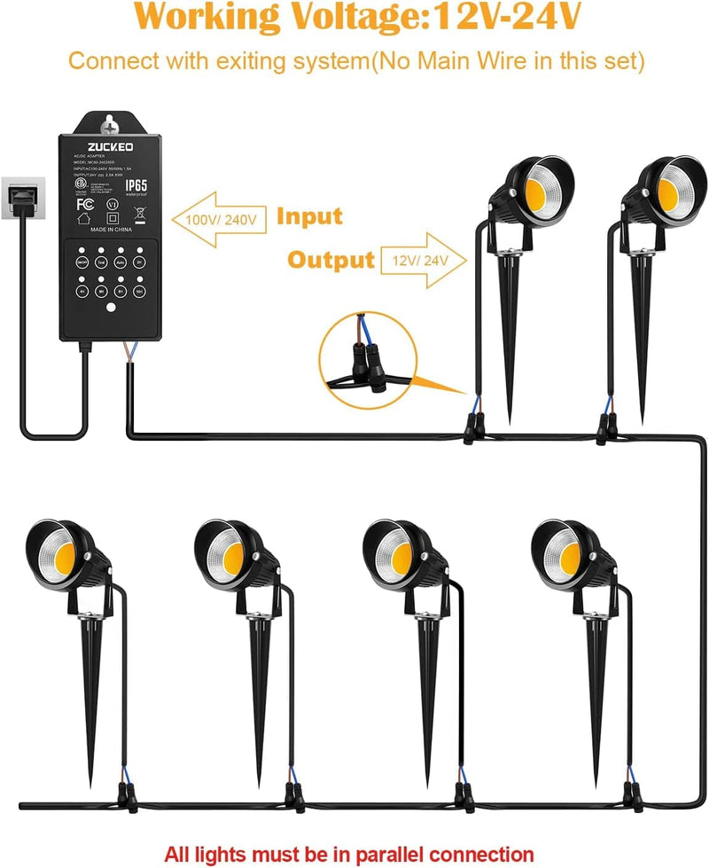 ZUCKEO 5W LED Low Voltage Landscape Lights with Timer Transformer 12V 24V Outdoor Landscape Lighting Kit with Connector Waterproof Warm White Spotlights for Garden Pathway Wall Tree Flood (12Pack)