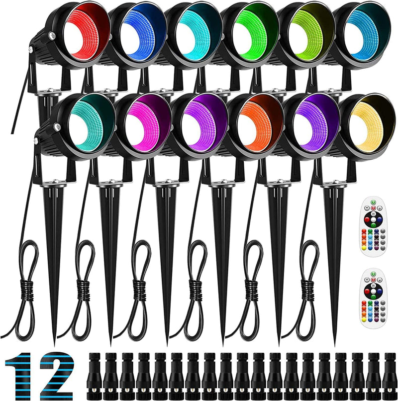 ZUCKEO Low Voltage Landscape Lights RGB Color Changing Landscape Lighting, 10W Waterproof LED Outdoor Spotlights, 12V 24V RGBW Christmas Decor Light for Yard Garden Pathway (12Pack with Connectors)