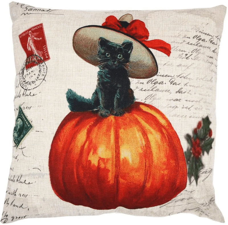ZUEXT Vintage Happy Halloween Throw Pillow Covers 18x18 Inch, Set of 4 Fall Autumn Pumpkin Halloween Decorative Pillowcases, Square Cotton Linen Cushion Cover Case for Couch Car Bed(Cat Girl) Arts & Entertainment > Party & Celebration > Party Supplies ZUEXT   