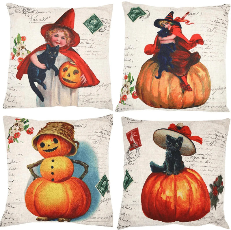 ZUEXT Vintage Happy Halloween Throw Pillow Covers 18x18 Inch, Set of 4 Fall Autumn Pumpkin Halloween Decorative Pillowcases, Square Cotton Linen Cushion Cover Case for Couch Car Bed(Cat Girl) Arts & Entertainment > Party & Celebration > Party Supplies ZUEXT 18x18 inch  