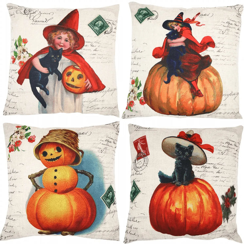 ZUEXT Vintage Happy Halloween Throw Pillow Covers 18x18 Inch, Set of 4 Fall Autumn Pumpkin Halloween Decorative Pillowcases, Square Cotton Linen Cushion Cover Case for Couch Car Bed(Cat Girl) Arts & Entertainment > Party & Celebration > Party Supplies ZUEXT 20x20 inch  