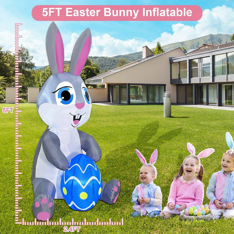 Zukakii 5FT Easter Inflatables Bunny Decorations with Bright Led Lights for Outdoor, Bunny Easter Decorations Blow up with Sandbags Stakes Strings for Indoor Outdoor Yard Garden Decor Home & Garden > Decor > Seasonal & Holiday Decorations zukakii   