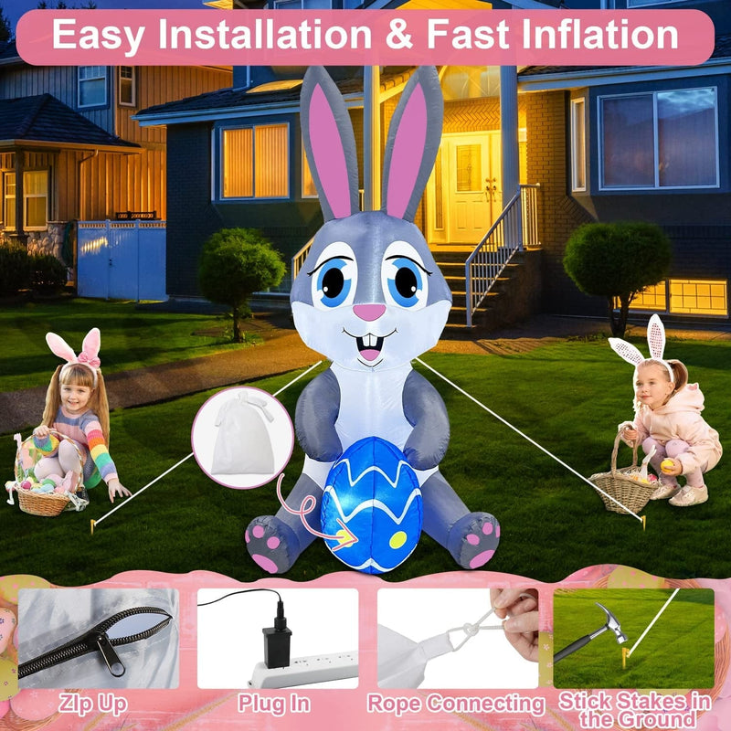 Zukakii 5FT Easter Inflatables Bunny Decorations with Bright Led Lights for Outdoor, Bunny Easter Decorations Blow up with Sandbags Stakes Strings for Indoor Outdoor Yard Garden Decor