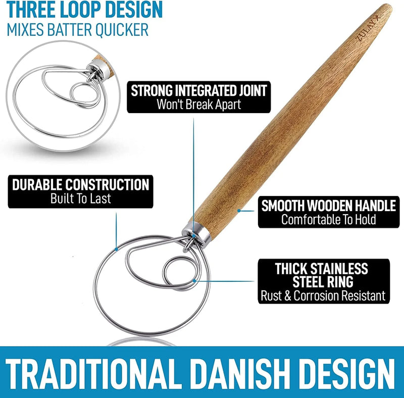 Zulay Kitchen 13 Inch Danish Dough Whisk - Large Wooden Danish Whisk for Dough with Stainless Steel Ring - Traditional Dutch Whisk Baking Tool for Bread, Batter, Cake, Pastry (Acacia Wood) Home & Garden > Kitchen & Dining > Kitchen Tools & Utensils Zulay Kitchen   
