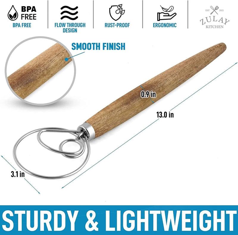 Zulay Kitchen 13 Inch Danish Dough Whisk - Large Wooden Danish Whisk for Dough with Stainless Steel Ring - Traditional Dutch Whisk Baking Tool for Bread, Batter, Cake, Pastry (Acacia Wood)
