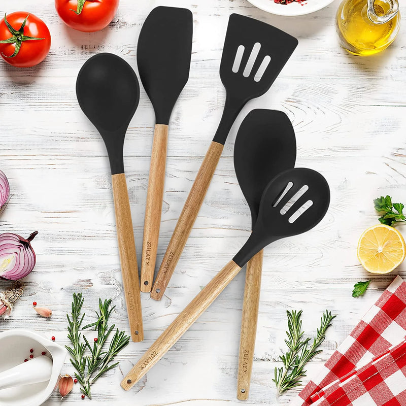 Zulay Non-Stick Silicone Utensils Set with Authentic Acacia Wood Handles - 5 Piece Silicone Cooking Utensils Set - Black Home & Garden > Kitchen & Dining > Kitchen Tools & Utensils Zulay Kitchen   