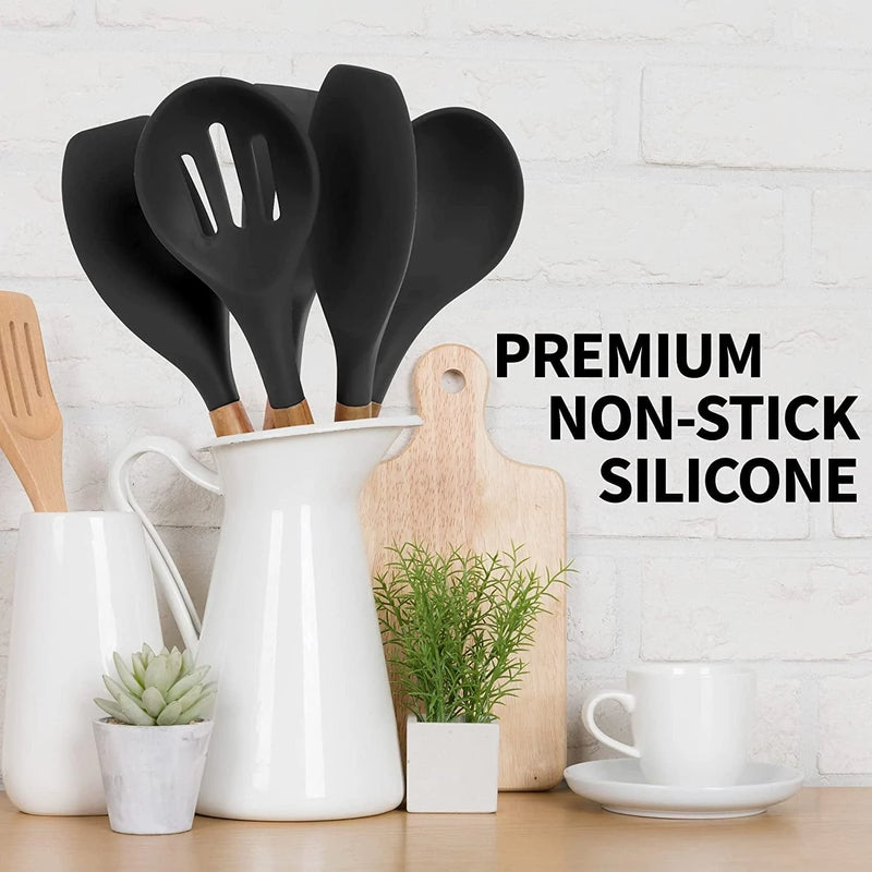 Zulay Non-Stick Silicone Utensils Set with Authentic Acacia Wood Handles - 5 Piece Silicone Cooking Utensils Set - Black Home & Garden > Kitchen & Dining > Kitchen Tools & Utensils Zulay Kitchen   