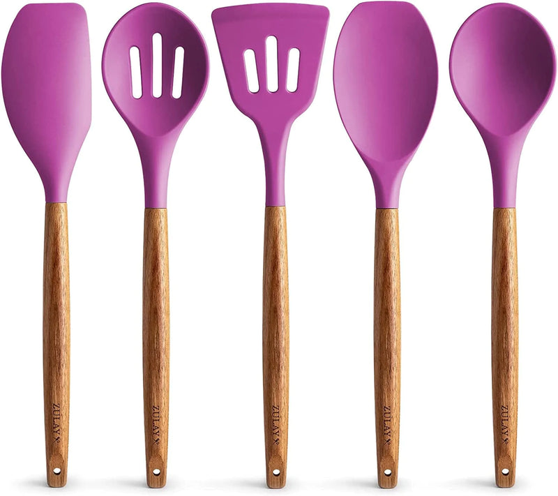 Zulay Non-Stick Silicone Utensils Set with Authentic Acacia Wood Handles - 5 Piece Silicone Cooking Utensils Set - Black Home & Garden > Kitchen & Dining > Kitchen Tools & Utensils Zulay Kitchen Purple  