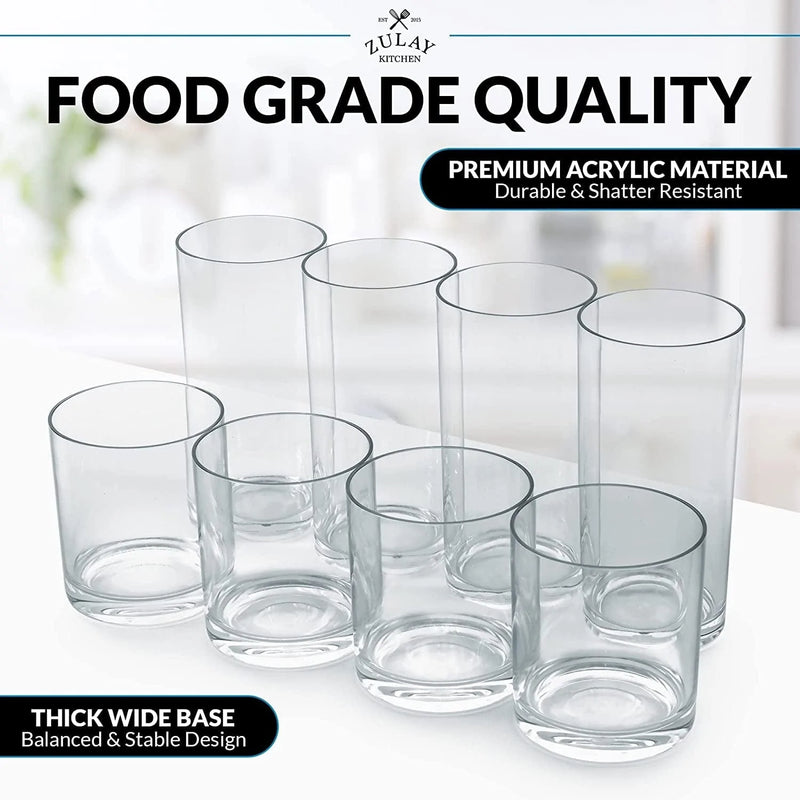 Zulay Plastic Tumblers Drinking Glasses Set of 8 Clear - 4 Each: 12Oz and 16Oz Acrylic Cups for Kitchen - Unbreakable, BPA Free, Dishwasher Safe Plastic Glasses Set Home & Garden > Kitchen & Dining > Tableware > Drinkware Zulay Kitchen   