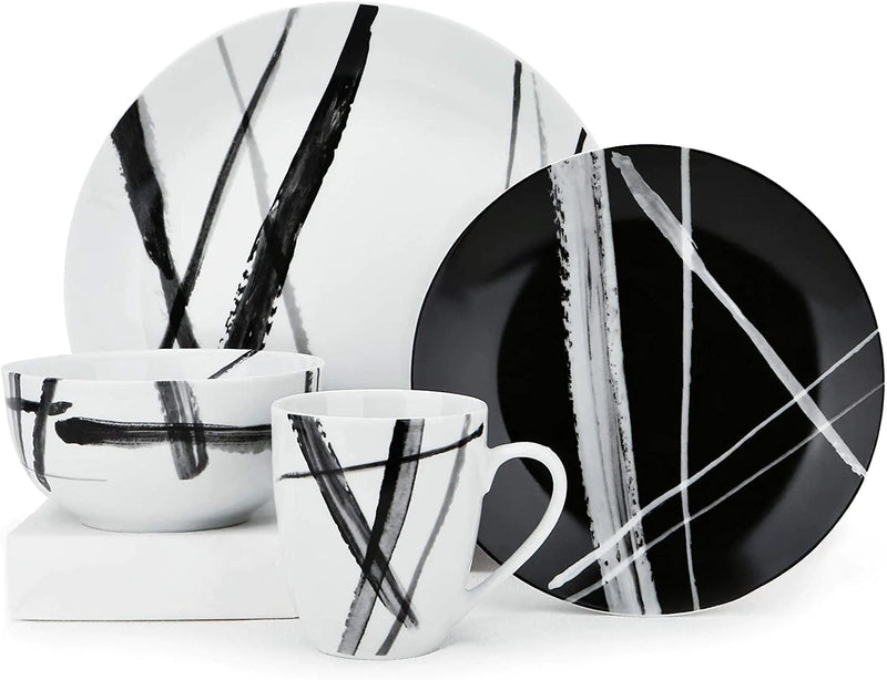 ZYAN 16 Piece round Dinnerware Sets, Black and White Metro Stoneware Dish Sets, Dishwasher Safe Plates and Bowls Sets for 4