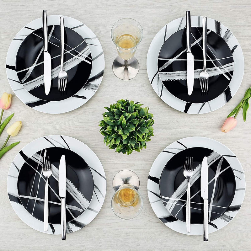 ZYAN 16 Piece round Dinnerware Sets, Black and White Metro Stoneware Dish Sets, Dishwasher Safe Plates and Bowls Sets for 4 Home & Garden > Kitchen & Dining > Tableware > Dinnerware ZYAN   